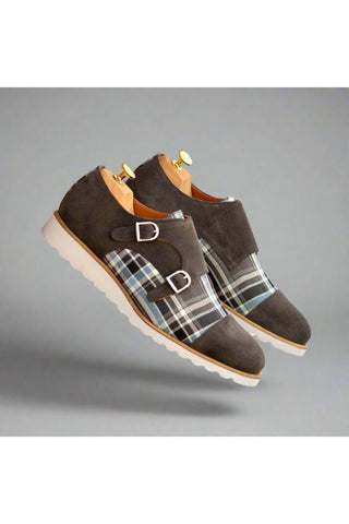 Ambrogio Bespoke Multi-Color Plaid Sartorial / Suede Monk-Straps Loafers (AMB2349)-AmbrogioShoes
