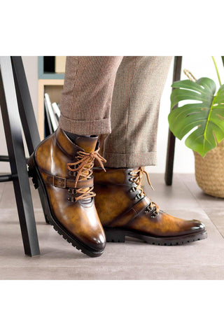 Ambrogio Bespoke Tobacco Patina Leather Hiking Boots (AMB2395)-AmbrogioShoes