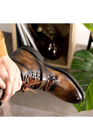 Ambrogio Bespoke Tobacco Patina Leather Hiking Boots (AMB2395)-AmbrogioShoes