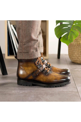 Ambrogio Bespoke Tobacco Patina Leather Hiking Boots (AMB2395)-AmbrogioShoes