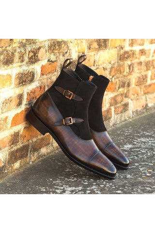 Ambrogio Black & Brown Suede/ Patina Leather Buckle Boots (AMB1823)-AmbrogioShoes