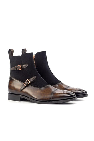 Ambrogio Black & Brown Suede/ Patina Leather Buckle Boots (AMB1823)-AmbrogioShoes