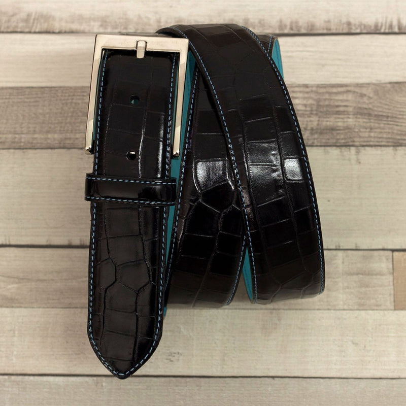 Ambrogio 2169 Black Crocodile Print / Patent Leather Hampton Men's Belt (AMBB1022)-AmbrogioShoes