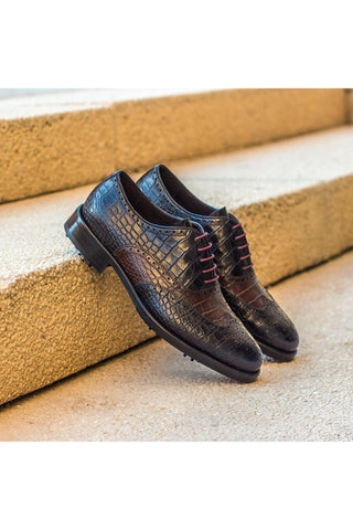 Ambrogio Black & Dark Brown Crocodile Print / Calf-Skin Leather Brogue Oxfords (AMB2099)-AmbrogioShoes
