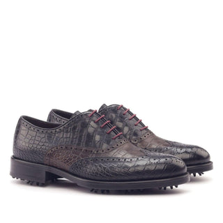 Ambrogio Black & Dark Brown Crocodile Print / Calf-Skin Leather Brogue Oxfords (AMB2099)-AmbrogioShoes
