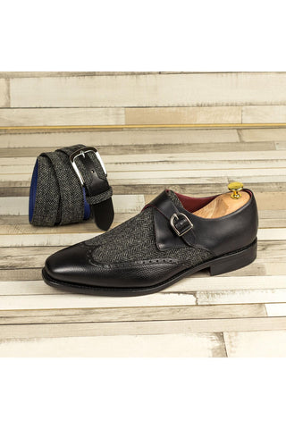 Ambrogio Black Fabric / Pebble Grain / Calf-Skin Leather Monk Strap (AMB1833)-AmbrogioShoes