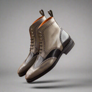 Ambrogio Black & Gray Calf-Skin Leather Military Brogue Boots(AMB1401)-AmbrogioShoes
