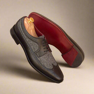 Ambrogio Black & Gray Fabric / Calf-Skin Leather Longwing Blucher Oxfords (AMB1686)-AmbrogioShoes