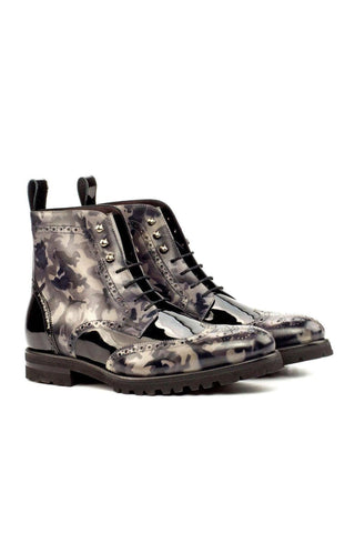 Ambrogio Black & Gray Patent / Patina Leather Military Brogue Boots (AMB1502)-AmbrogioShoes