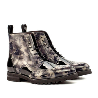 Ambrogio Black & Gray Patent / Patina Leather Military Brogue Boots (AMB1502)-AmbrogioShoes