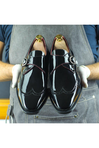 Ambrogio Black Patent Monk-Strap Formal Loafers (AMB1729)-AmbrogioShoes