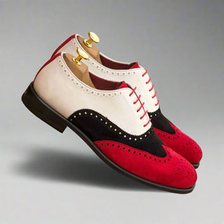 Ambrogio Black, Red & White Suede Full Brogue Oxfords (AMB1718)-AmbrogioShoes