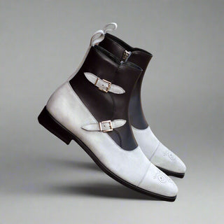 Ambrogio Black & White Suede / Calf-Skin Leather Atticus Double Buckle Boots (AMB1392)-AmbrogioShoes