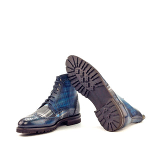 Ambrogio Blue Combination Fabric / Patina Leather Military Brogue Boots (AMB1410)-AmbrogioShoes