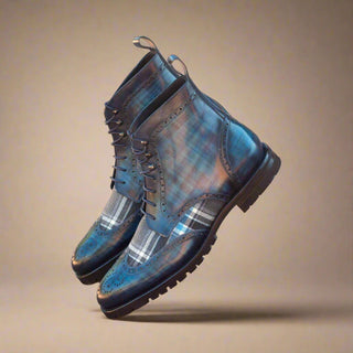 Ambrogio Blue Combination Fabric / Patina Leather Military Brogue Boots (AMB1410)-AmbrogioShoes