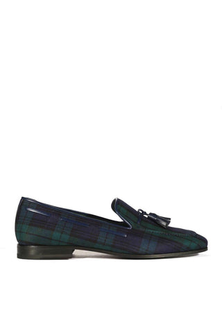 Ambrogio Blue & Green Blackwatch Sartorial Fabric Drake Tassels Loafers (AMB1727)-AmbrogioShoes
