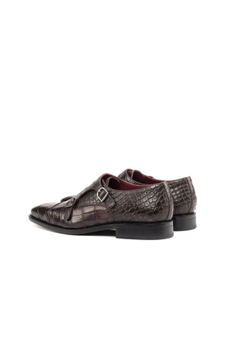 Ambrogio Brown & Burgundy Crocodile Embossed / Calf-Skin Leather Monk-Straps Loafers (AMB1698)-AmbrogioShoes