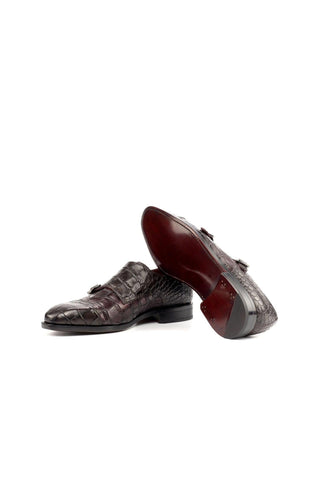 Ambrogio Brown & Burgundy Crocodile Embossed / Calf-Skin Leather Monk-Straps Loafers (AMB1698)-AmbrogioShoes