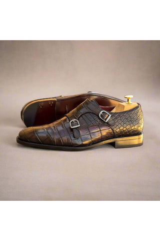 Ambrogio Brown & Burgundy Crocodile Embossed / Calf-Skin Leather Monk-Straps Loafers (AMB1698)-AmbrogioShoes