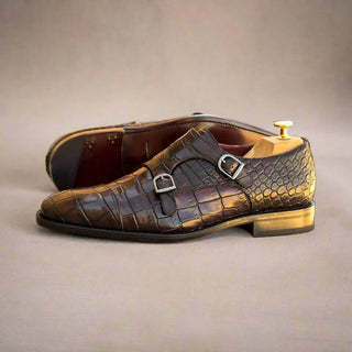 Ambrogio Brown & Burgundy Crocodile Print / Calf-Skin Leather Monk-Straps Loafers (AMB1698)-AmbrogioShoes