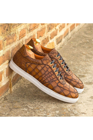 Ambrogio Brown Crocodile Print / Calf-Skin Leather Casual Trainer Sneakers (AMB2056)-AmbrogioShoes