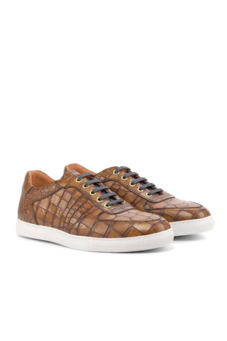 Ambrogio Brown Crocodile Print / Calf-Skin Leather Casual Trainer Sneakers (AMB2056)-AmbrogioShoes
