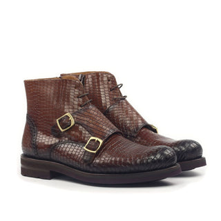 Ambrogio Brown Crocodile Print / Calf-Skin Leather Monk-Straps Chukka Boots (AMBS2014-RTW)-AmbrogioShoes