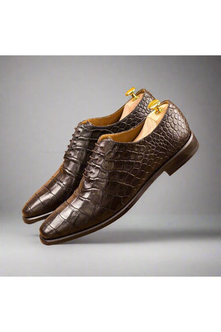 Ambrogio Brown Crocodile Print / Calf-Skin Leather Whole Cut Oxfords (AMB1709)-AmbrogioShoes