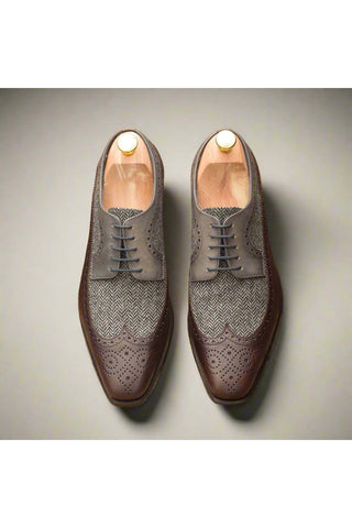Ambrogio Brown & Gray Fabric / Calf-Skin Leather Longwing Oxofrds (AMB1588)-AmbrogioShoes