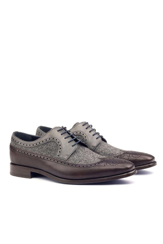 Ambrogio Brown & Gray Fabric / Calf-Skin Leather Longwing Oxofrds (AMB1588)-AmbrogioShoes