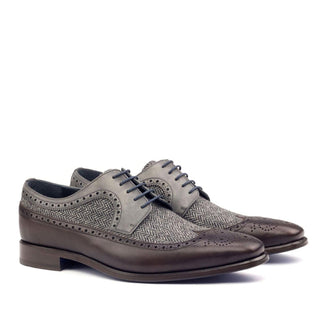 Ambrogio Brown & Gray Fabric / Calf-Skin Leather Longwing Oxofrds (AMB1588)-AmbrogioShoes