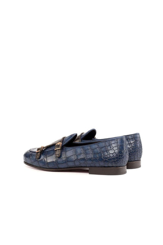 Ambrogio Brown & Navy Crocodile Embossed / Calf-Skin Leather Monk Slipper Loafers (AMB1696)-AmbrogioShoes