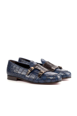 Ambrogio Brown & Navy Crocodile Embossed / Calf-Skin Leather Monk Slipper Loafers (AMB1696)-AmbrogioShoes