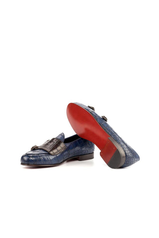 Ambrogio Brown & Navy Crocodile Print / Calf-Skin Leather Monk Slipper Loafers (AMB1696)-AmbrogioShoes