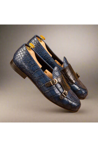 Ambrogio Brown & Navy Crocodile Print / Calf-Skin Leather Monk Slipper Loafers (AMB1696)-AmbrogioShoes