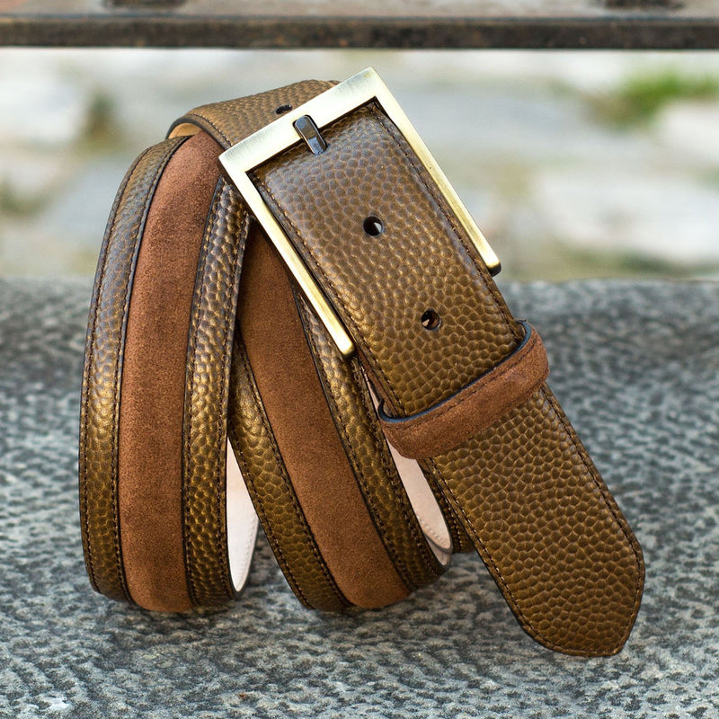 Ambrogio 4021 Brown & Olive Suede / Pebble Grain Leather Venice Men's Belt (AMBB1013)-AmbrogioShoes