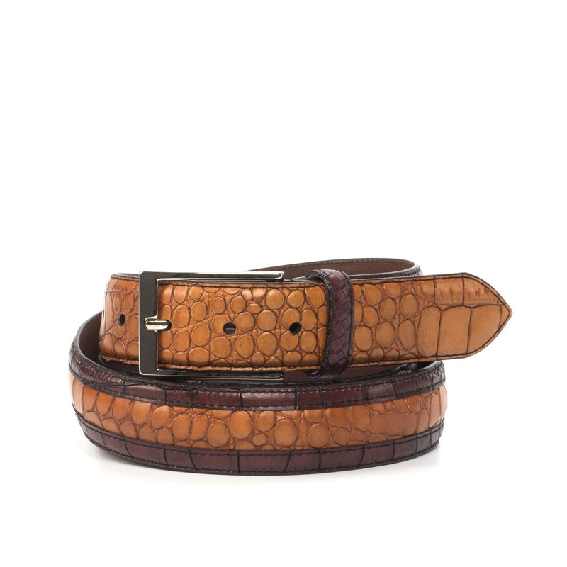 Ambrogio Burgundy & Cognac Crocodile Print / Polished Leather Venice Custom Men's Belt (AMBB1038)-AmbrogioShoes