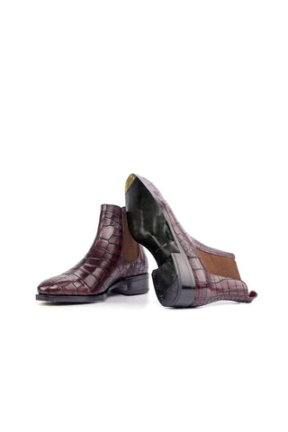 Ambrogio Burgundy Crocodile Embossed / Calf-Skin Leather Chelsea Boots (AMB2073)-AmbrogioShoes