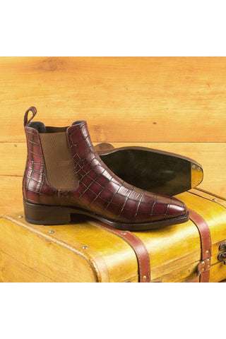 Ambrogio Burgundy Crocodile Embossed / Calf-Skin Leather Chelsea Boots (AMB2073)-AmbrogioShoes