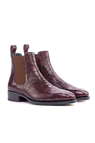 Ambrogio Burgundy Crocodile Embossed / Calf-Skin Leather Chelsea Boots (AMB2073)-AmbrogioShoes
