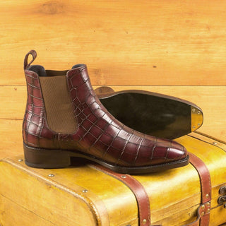 Ambrogio Burgundy Crocodile Print / Calf-Skin Leather Chelsea Boots (AMB2073)-AmbrogioShoes