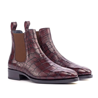 Ambrogio Burgundy Crocodile Print / Calf-Skin Leather Chelsea Boots (AMB2073)-AmbrogioShoes