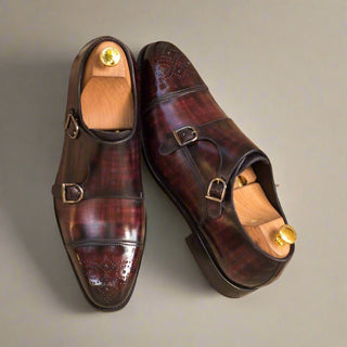 Ambrogio Burgundy Patina Leather Monk-Straps Loafers (AMB1373)-AmbrogioShoes