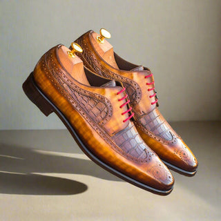 Ambrogio Cognac & Brown Crocodile Print / Patina Leather Longwing Blucher Oxfords (AMB1376)-AmbrogioShoes