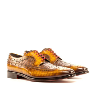 Ambrogio Cognac & Brown Crocodile Print / Patina Leather Longwing Blucher Oxfords (AMB1376)-AmbrogioShoes