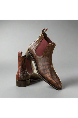 Ambrogio Dark Brown & Burgundy Crocodile Embossed / Calf-Skin Leather Chelsea Boots (AMB1809)-AmbrogioShoes