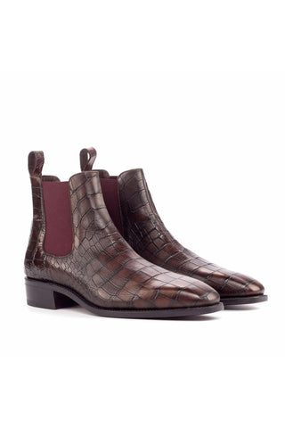 Ambrogio Dark Brown & Burgundy Crocodile Embossed / Calf-Skin Leather Chelsea Boots (AMB1809)-AmbrogioShoes