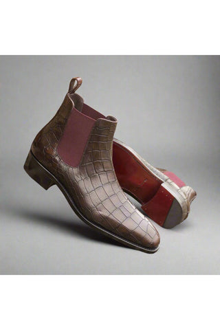 Ambrogio Dark Brown & Burgundy Crocodile Embossed / Calf-Skin Leather Chelsea Boots (AMB2082)-AmbrogioShoes