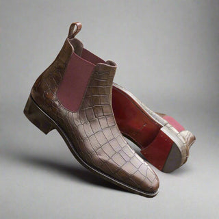 Ambrogio Dark Brown & Burgundy Crocodile Print / Calf-Skin Leather Chelsea Boots (AMB2082)-AmbrogioShoes
