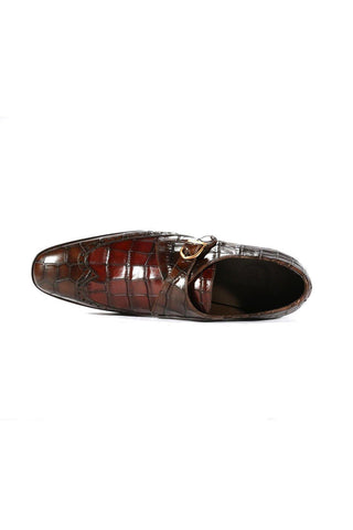 Ambrogio Dark Brown & Burgundy Crocodile Print / Calf-Skin Leather Monk Strap (AMBX1001)-AmbrogioShoes